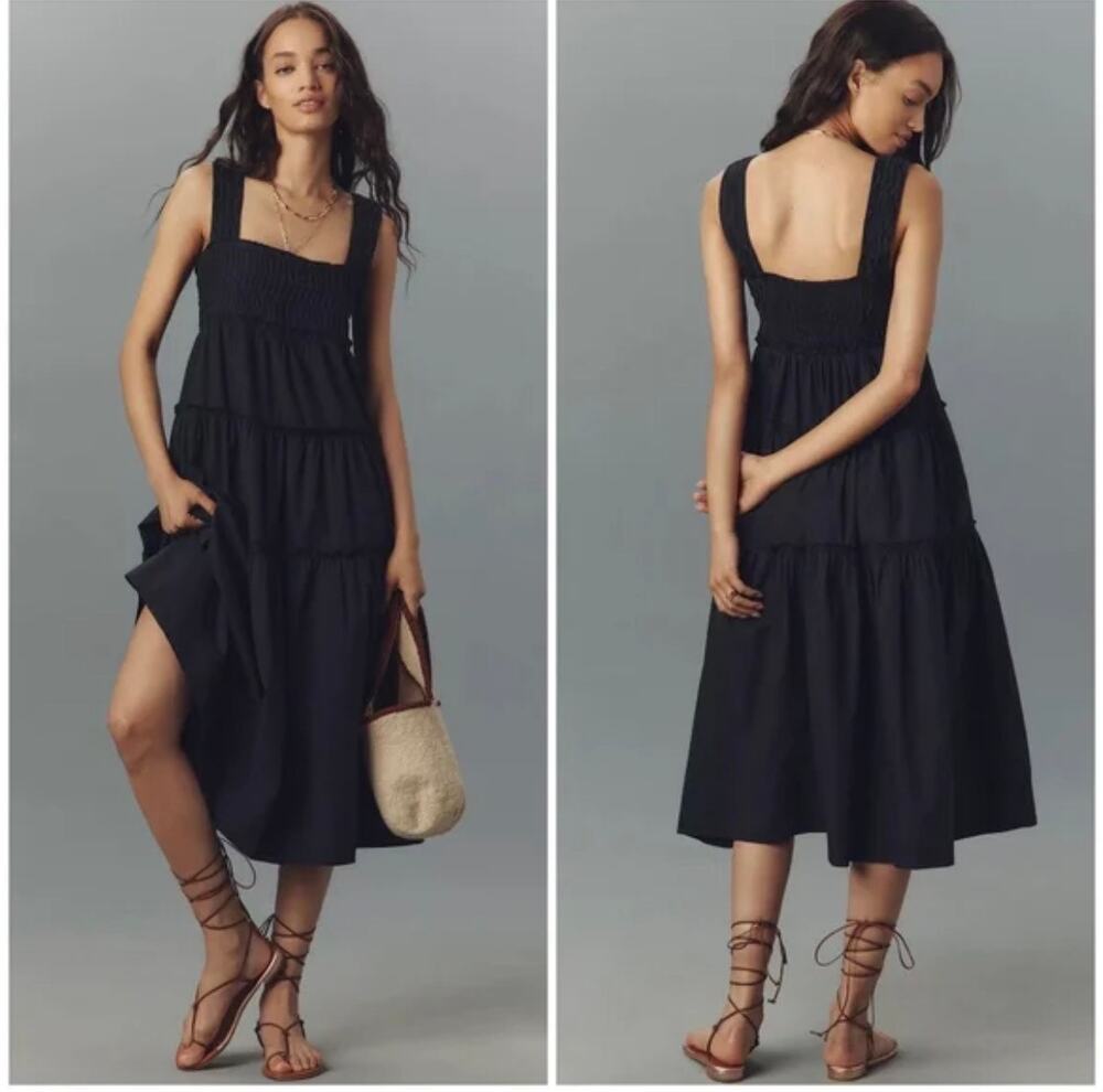 Anthropologie Maeve The Helena Square-Neck Smocked Tiered Midi Dress Size S NWT